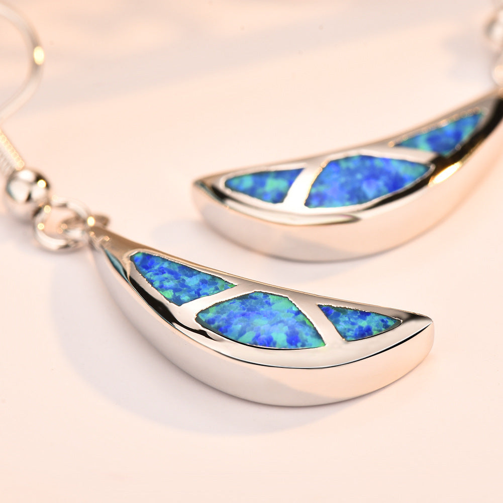 Women's Crescent‑Moon Mosaic Blue & White Opal Hook Dangle Earrings, White Gold Plating