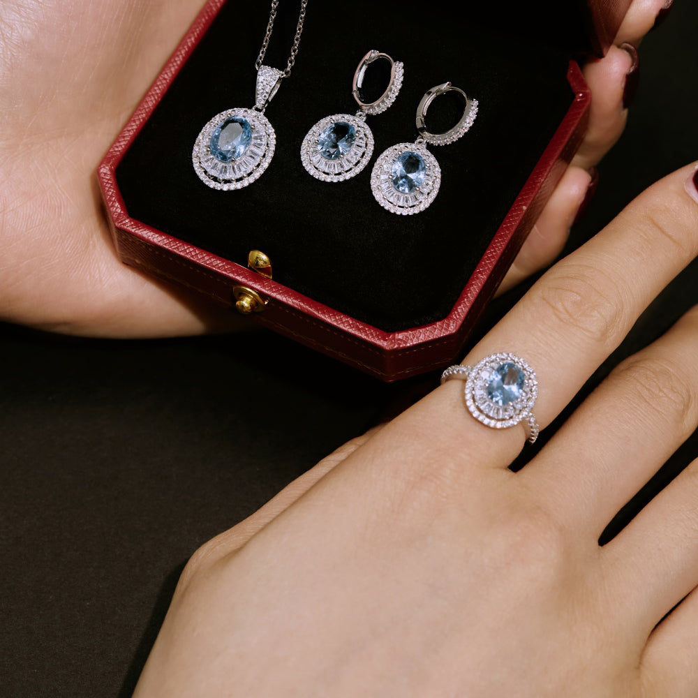 Women's Blue Oval Main Stone Inlaid White Round Zirconia Hollow Out Ring, S925 with White Gold Plating