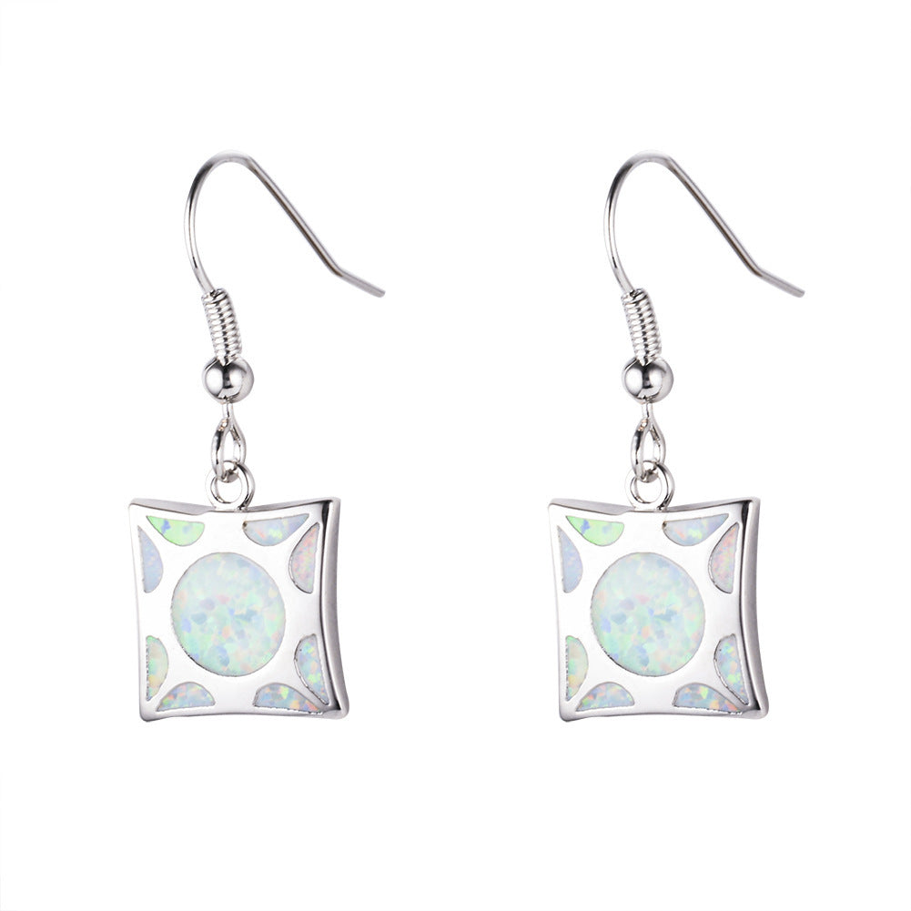 Women's Square Hollow Pattern Dangle Earrings, Inlaid Round Blue Opal / White Opal, White Gold Plating