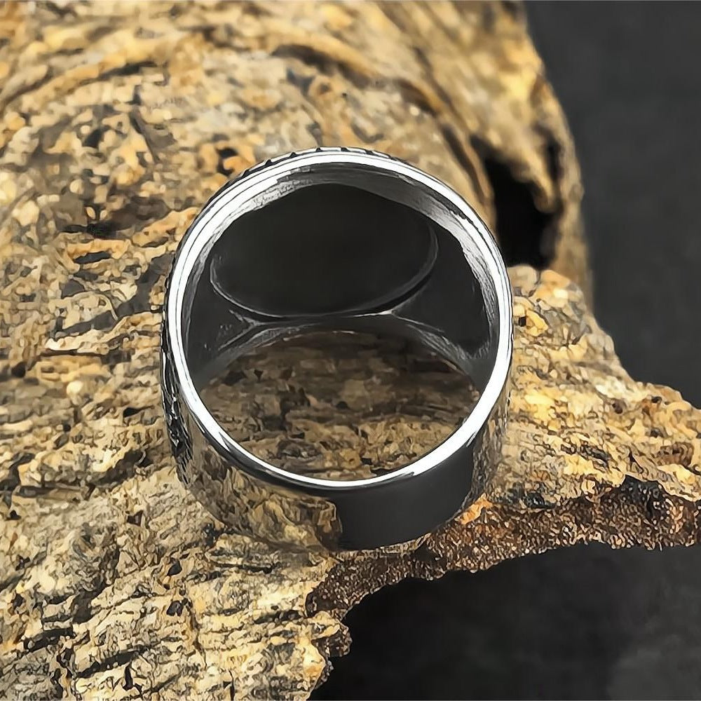 Vintage Solid Stainless Steel Norse Viking Eagle Totem Round Wide Signet Ring for Men