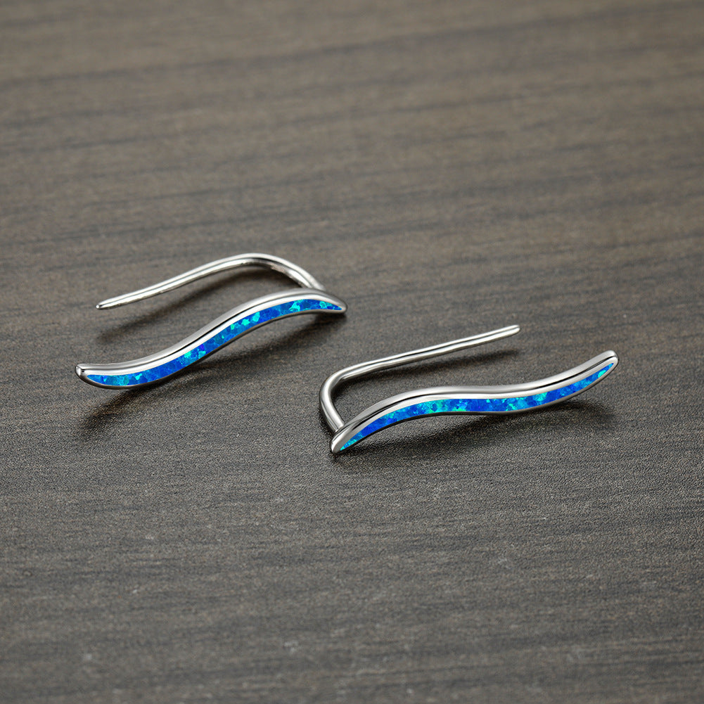 Women's Curved Arc Hook Earrings Inlaid Blue Opal ,Rose Gold Plating/White Gold Plating