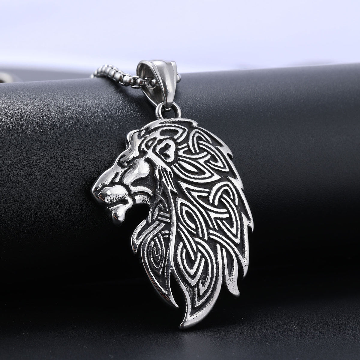 Men's Steel Celtic Lion Head Pendant Necklace