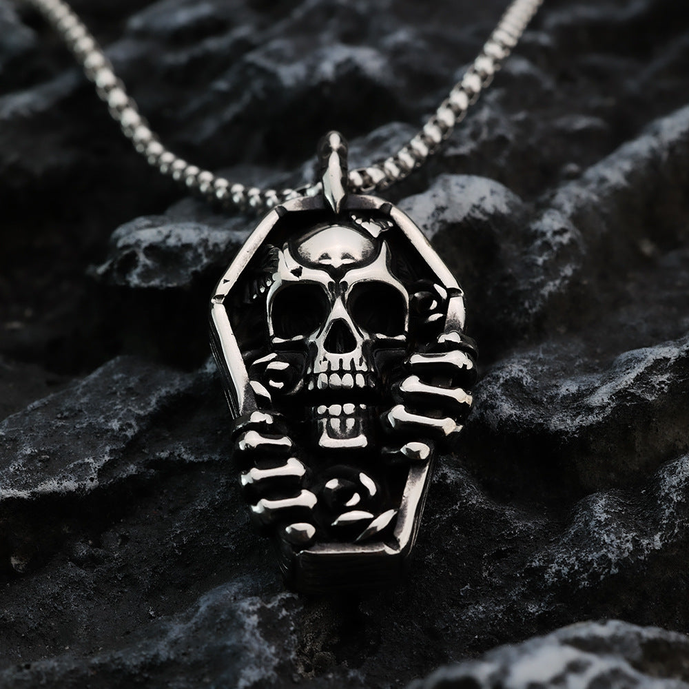 Men's Steel Coffin Skull Hand With Rose Pendant Necklace