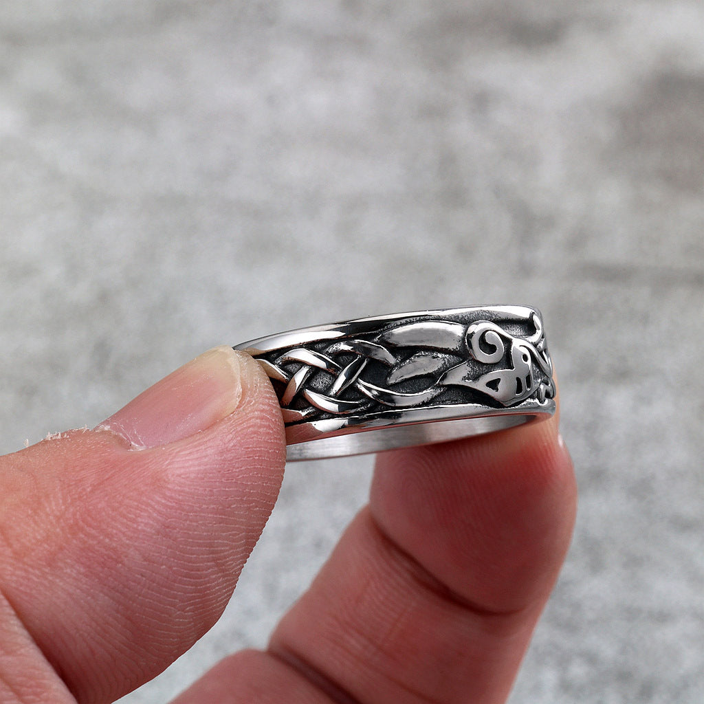 Vintage Stainless Steel Norse Viking Raven Slim Narrow Band Ring for Men