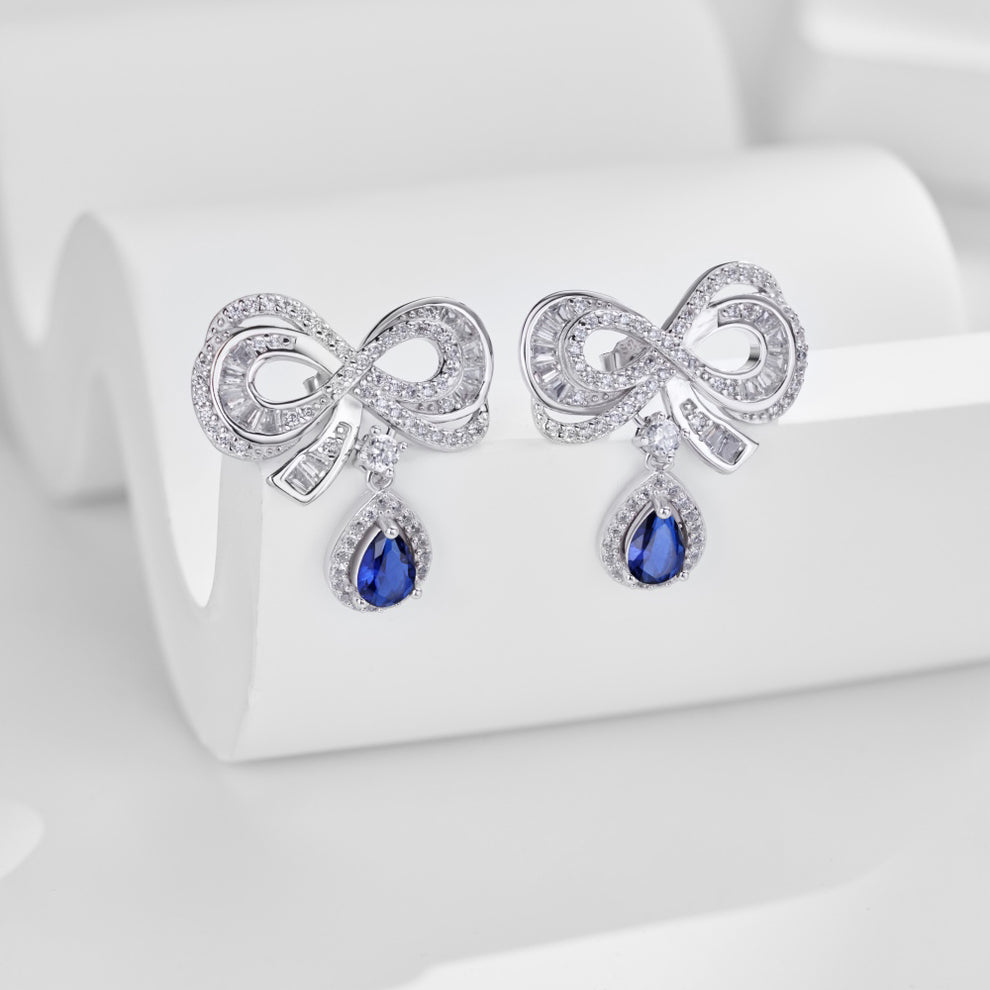 Women's Bow Drop Earrings, Blue Teardrop Stone with White Zirconia Halo, S925 with White Gold Plating