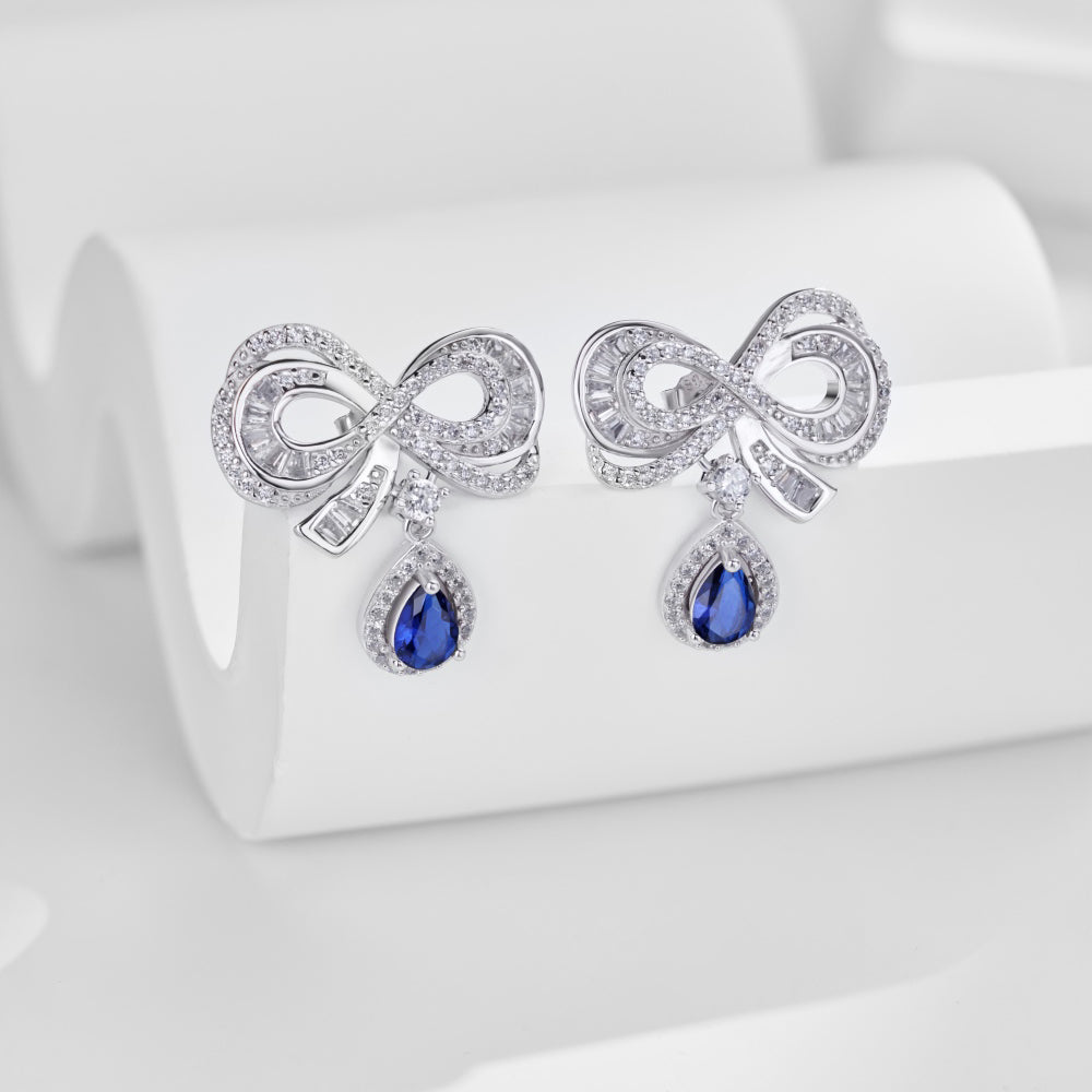 Women's Bow Drop Earrings, Blue Teardrop Stone with White Zirconia Halo, S925 with White Gold Plating