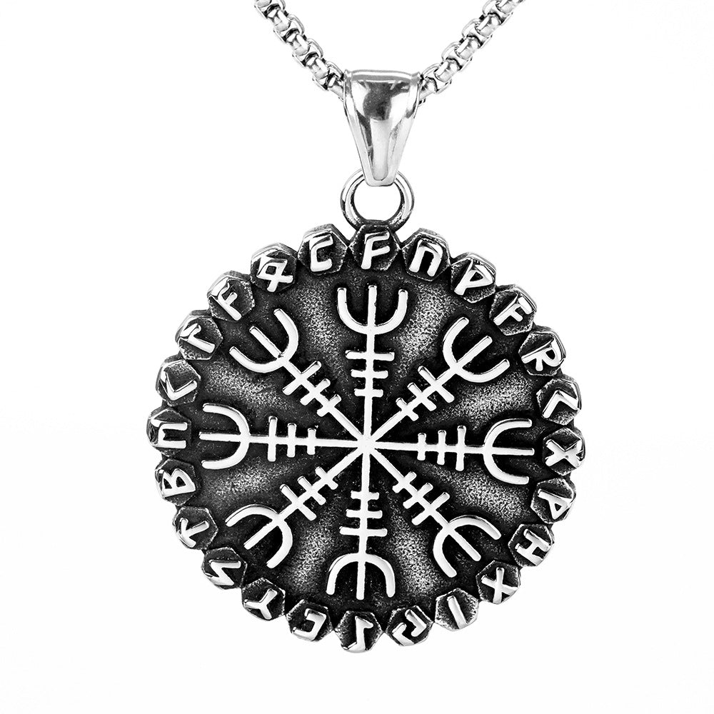 Vintage Nordic Stainless Steel Viking Compass Rune Pendant Necklace for Men