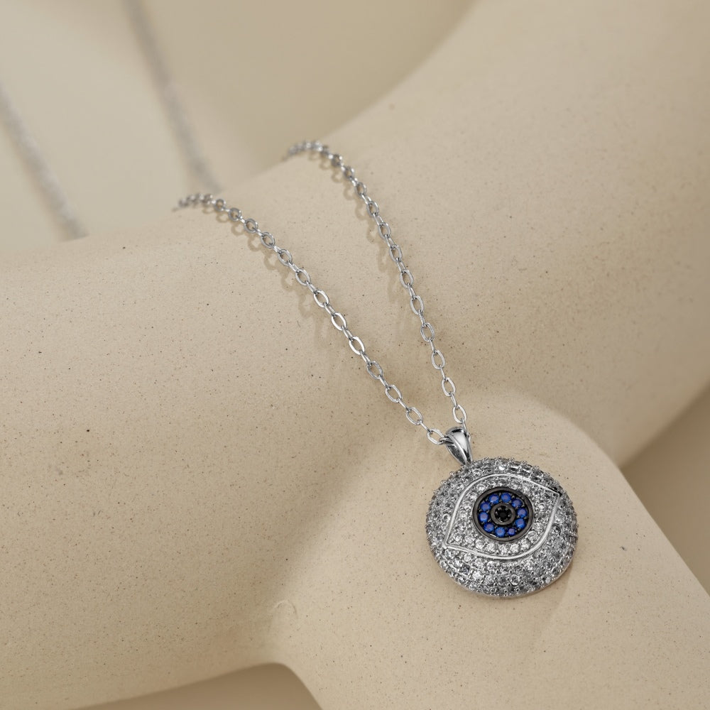 Niche Fashion S925 Silver Evil Eye Necklace Inlaid with White & Blue Round Zirconia Fashion Pendant Jewelry
