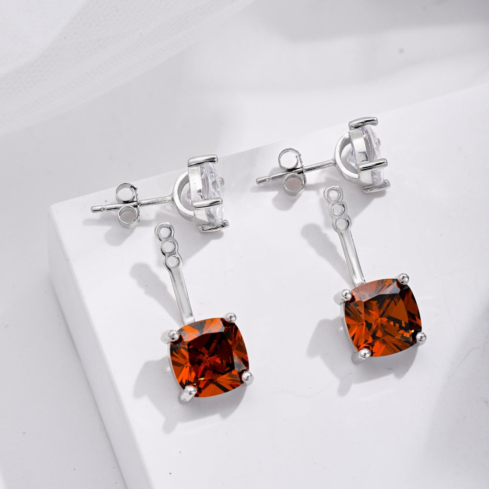 Women's 2‑Way Convertible Stud Earrings, Cushion‑Cut Coffee Zirconia, S925 with White Gold Plating