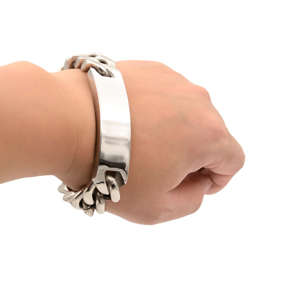 Men’s Silver Tone Stainless Steel Curb Chain Bracelet with Curved Tag Fashion Wrist Jewelry