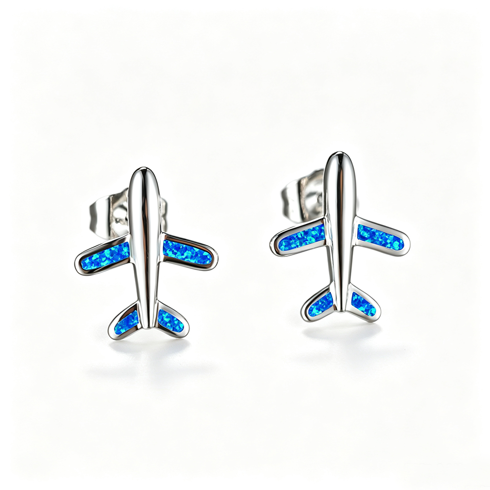Women's Airplane‑Shape Stud Earrings, White Opal / Blue Opal
