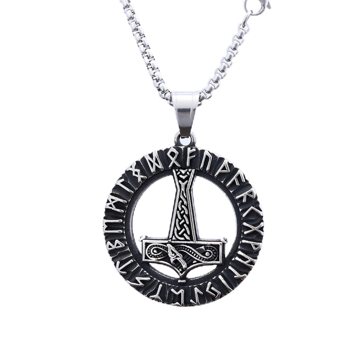 Men's Steel Viking Runes Mjolnir Round Pendant Necklace