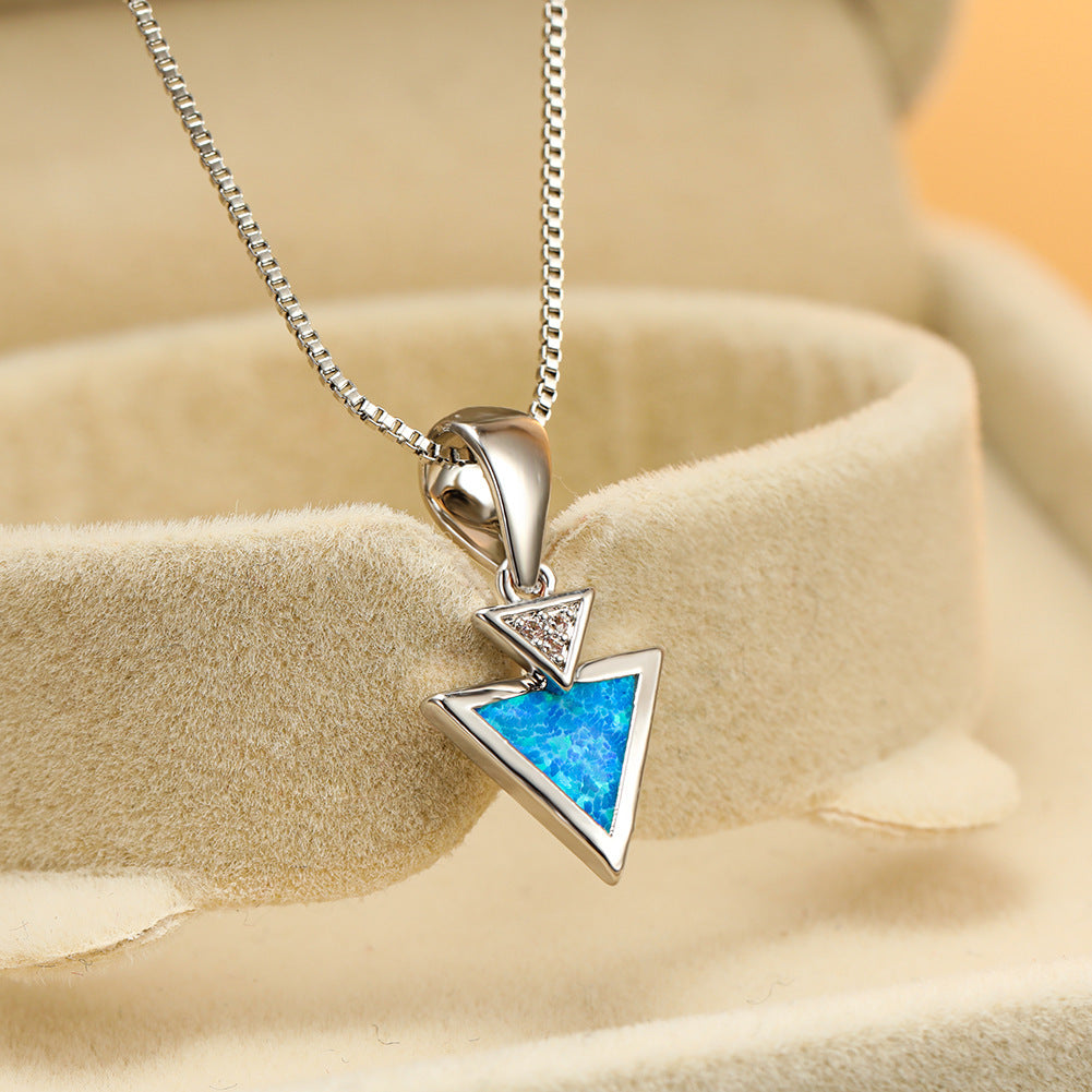 Simple Opal Double Triangle Pendant Necklace