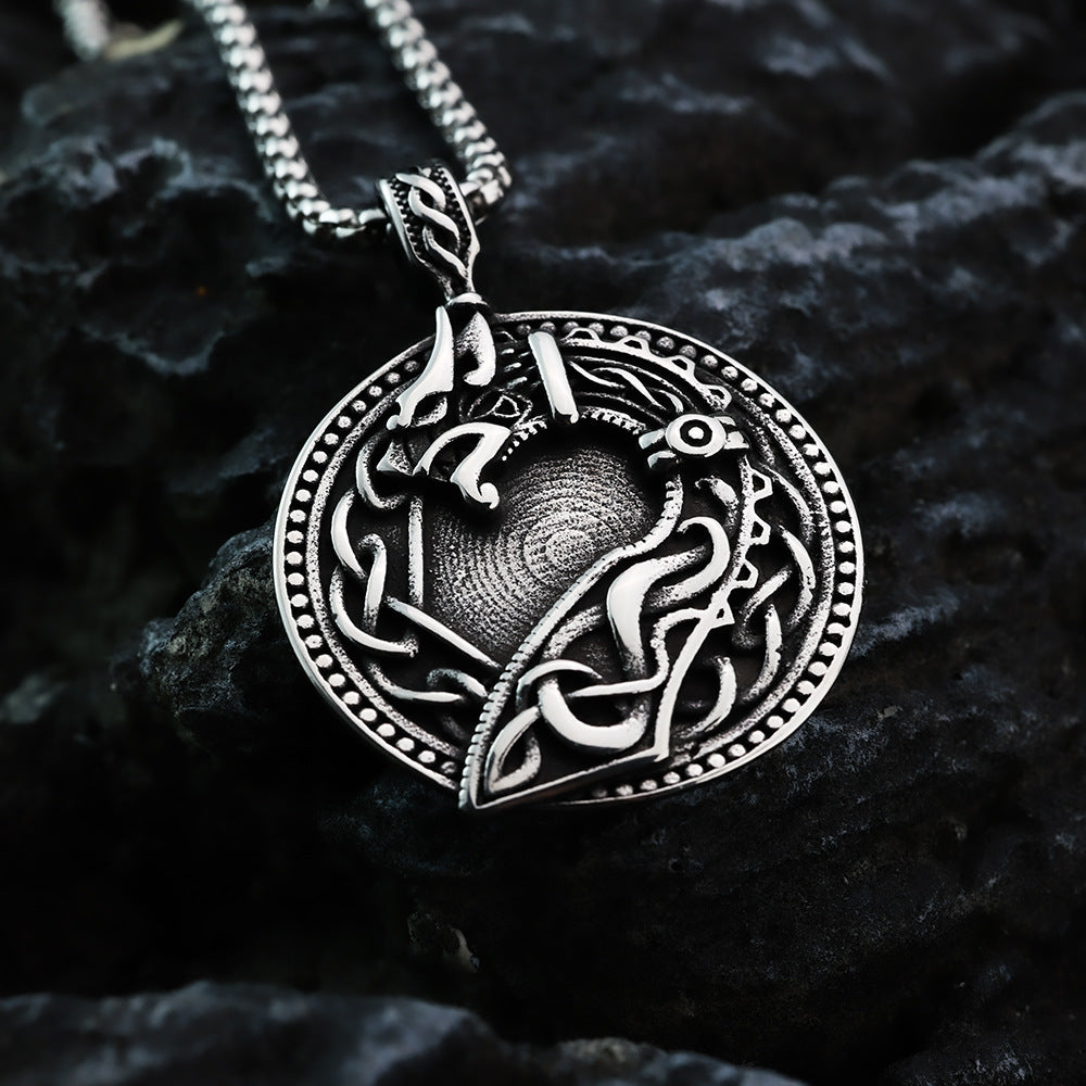 Men's Steel Celtic Dragon Round Pendant Necklace