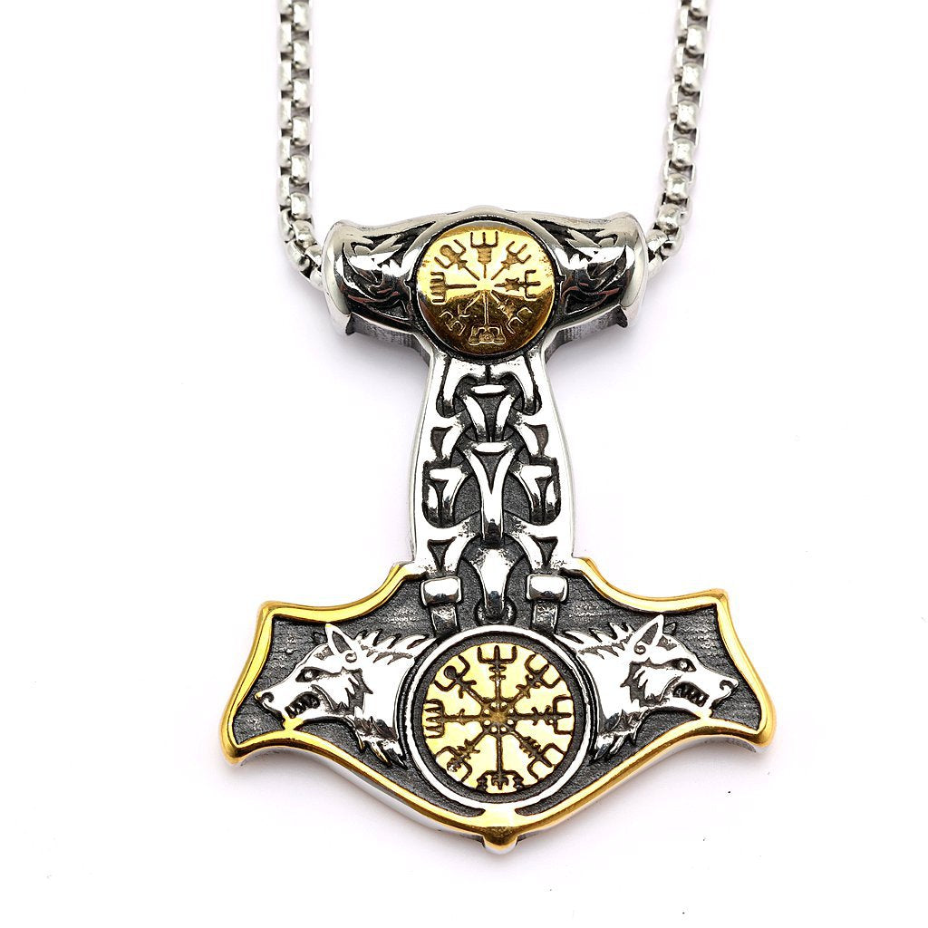 Norse Stainless Steel Men's Viking Double Sided Solid Double Wolf Pendant Necklace