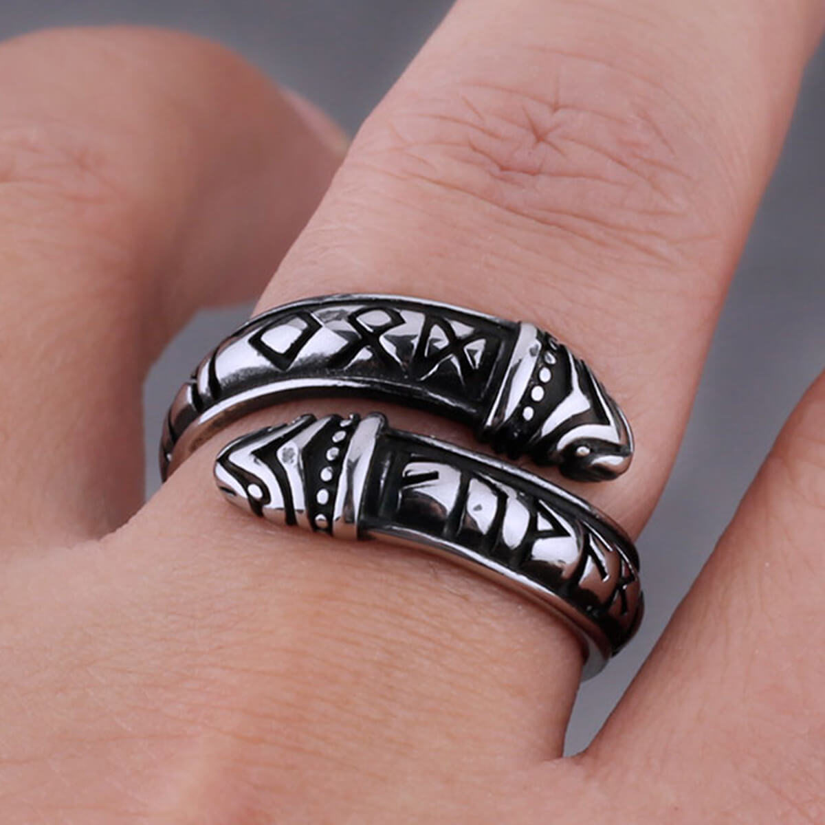 Vintage Stainless Steel Narrow Band Viking Script Symbol Snake Ring for Men