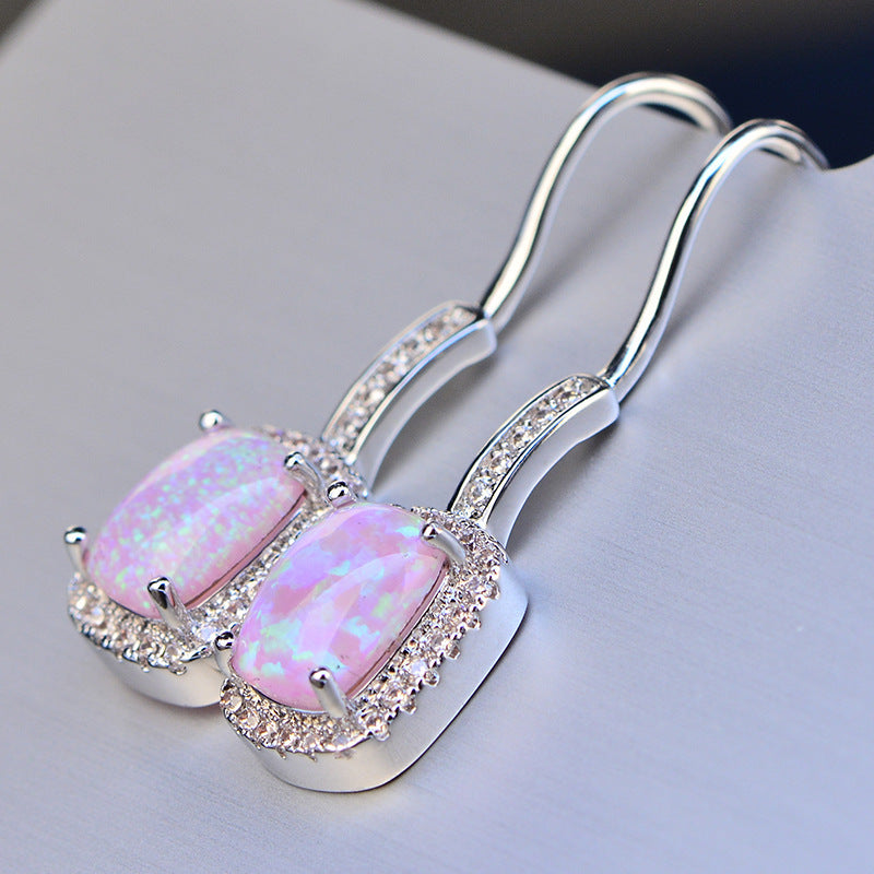 Women's Rectangular Halo Zirconia Multi Color Opal Hook Earrings