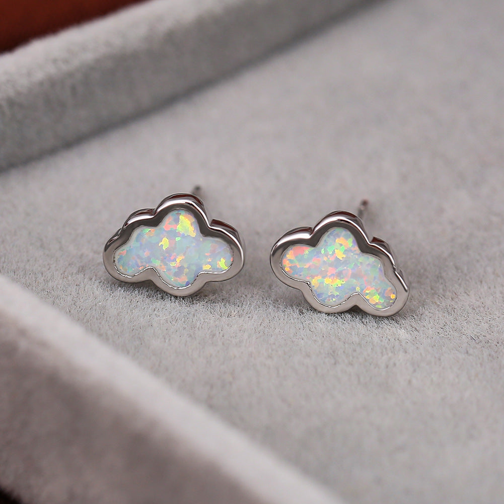 Women's Cloud‑Shape Stud Earrings, Blue Opal / White Opal Inlay, with White Gold Plating