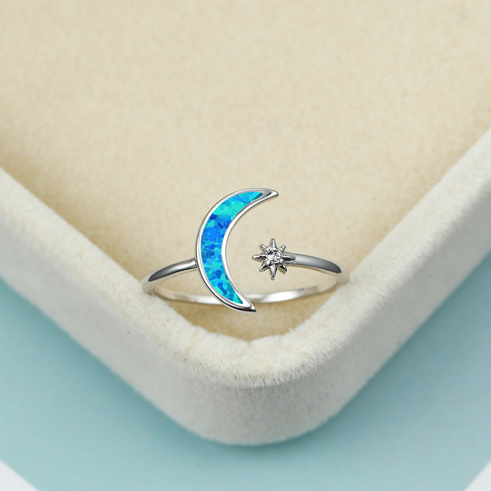 Women's Crescent Moon Shooting Star Opal with Zirconia Ring