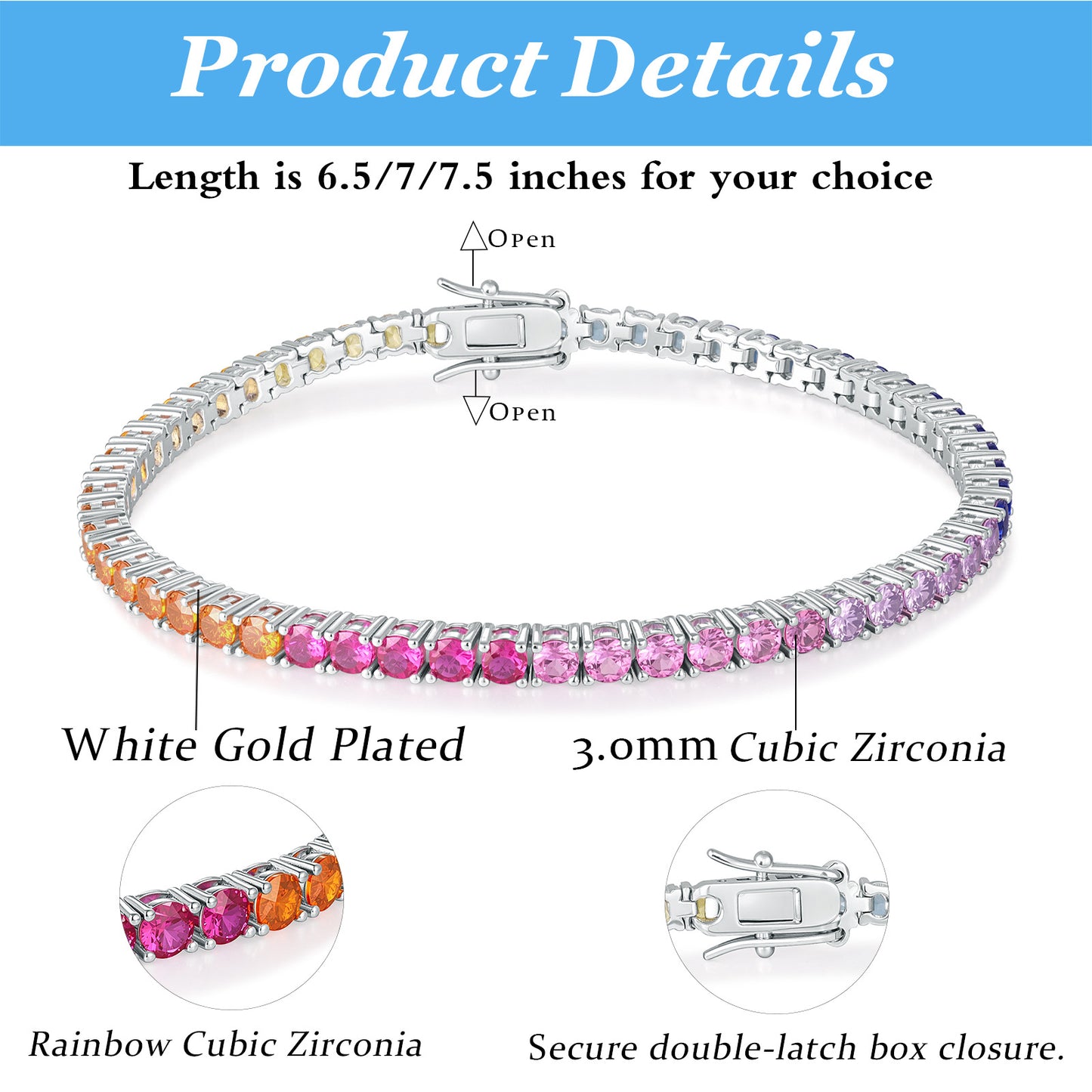 Women&Men's 18k White Gold-Plated 3mm Round Colored Zircon Tennis Bracelet