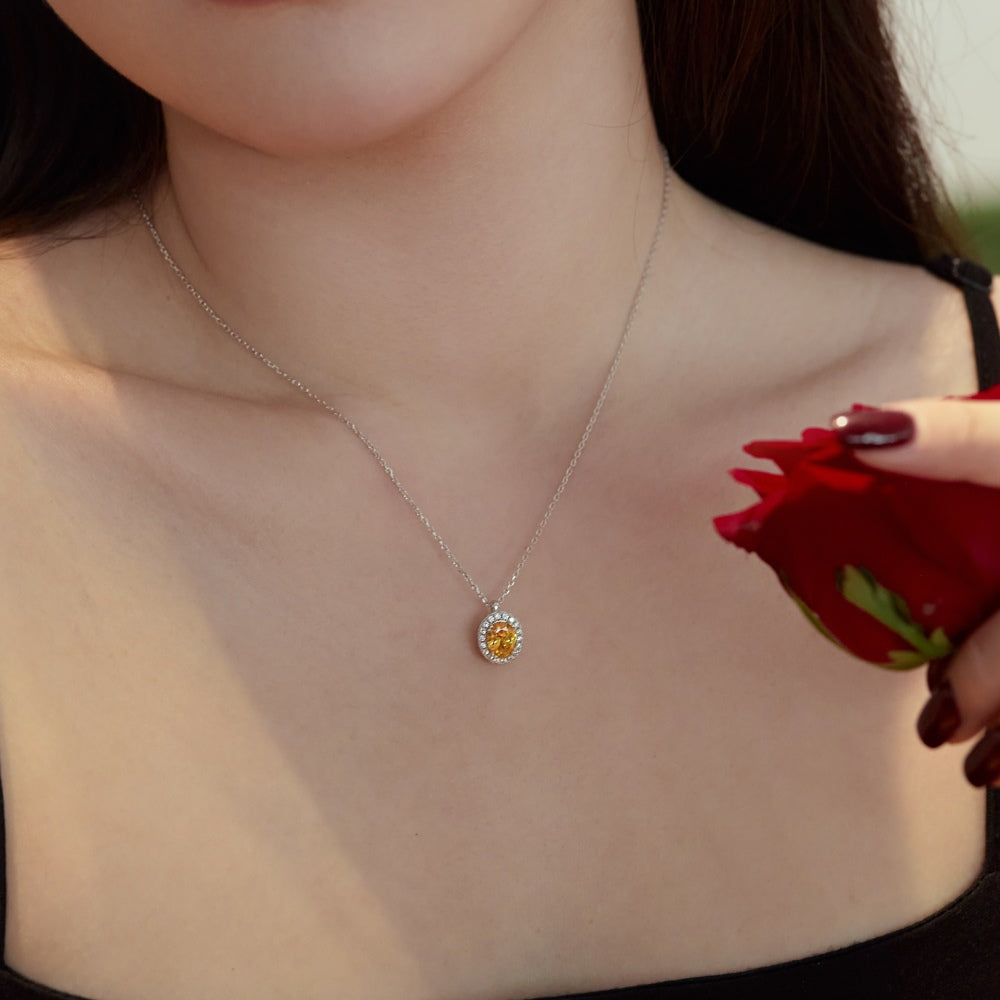 Niche Light Luxury S925 Sterling Silver Necklace, Inlaid Yellow Oval Zirconia and White Round Zirconia Fashion Pendant Jewelry