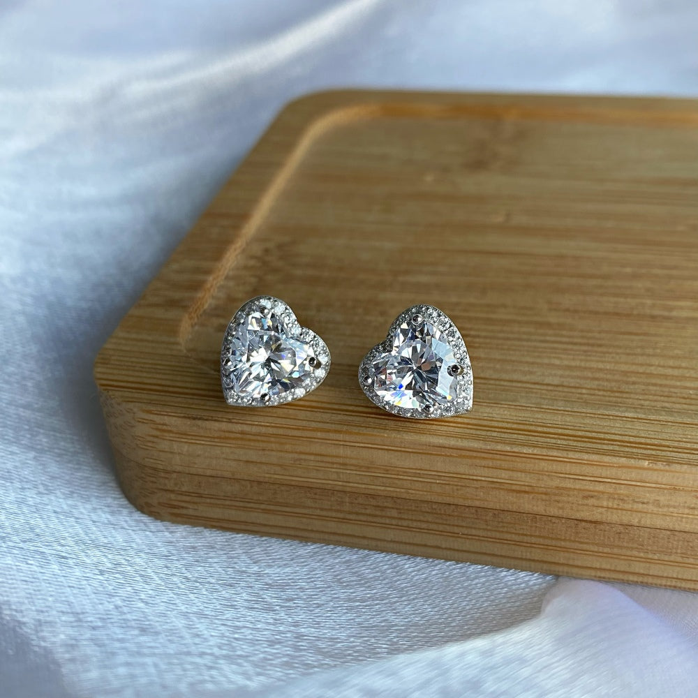 Women's Heart Halo Stud Earrings, Heart‑Shape Main Zirconia With Round Zirconia Halo, S925 with White Gold Plating