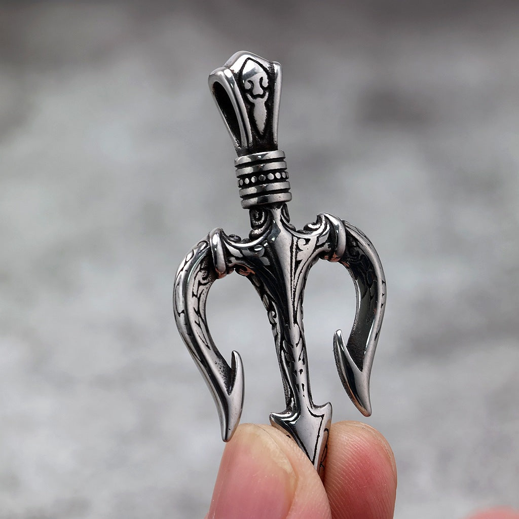Vintage Stainless Steel Trident Pendant Necklace for Men