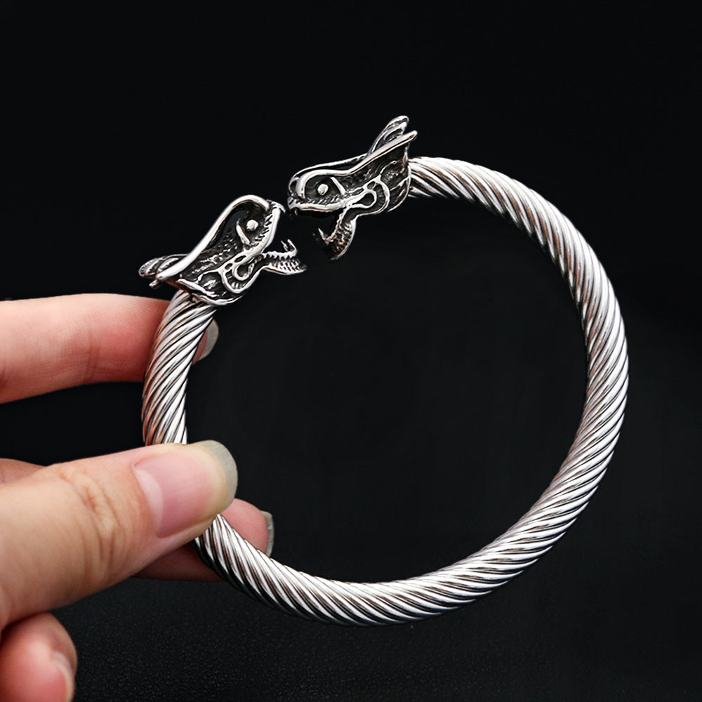 Fashion Minimalist Dragon Head Stainless Steel Bracelet for Men, Trendy Open Cuff Wrist Jewelry