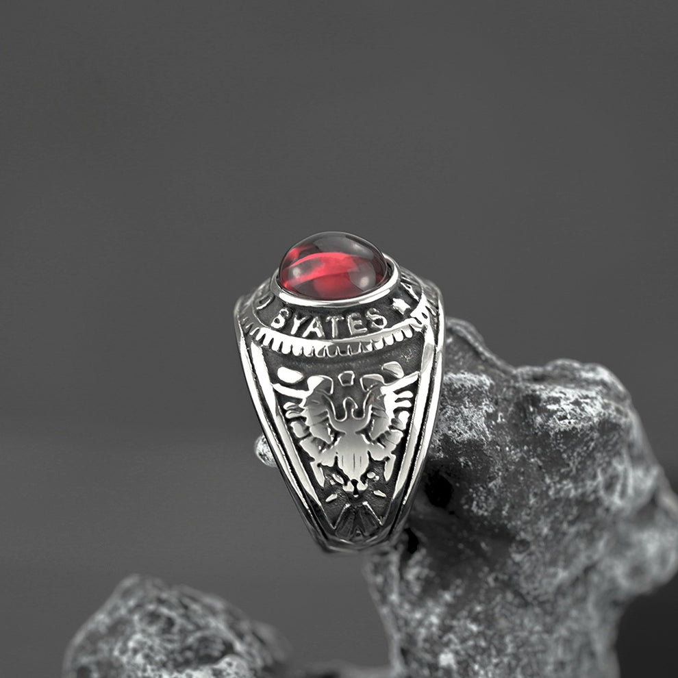 Vintage Solid Stainless Steel Inlaid Red Stone Dual Gun Letter Symbol Band Ring for Men