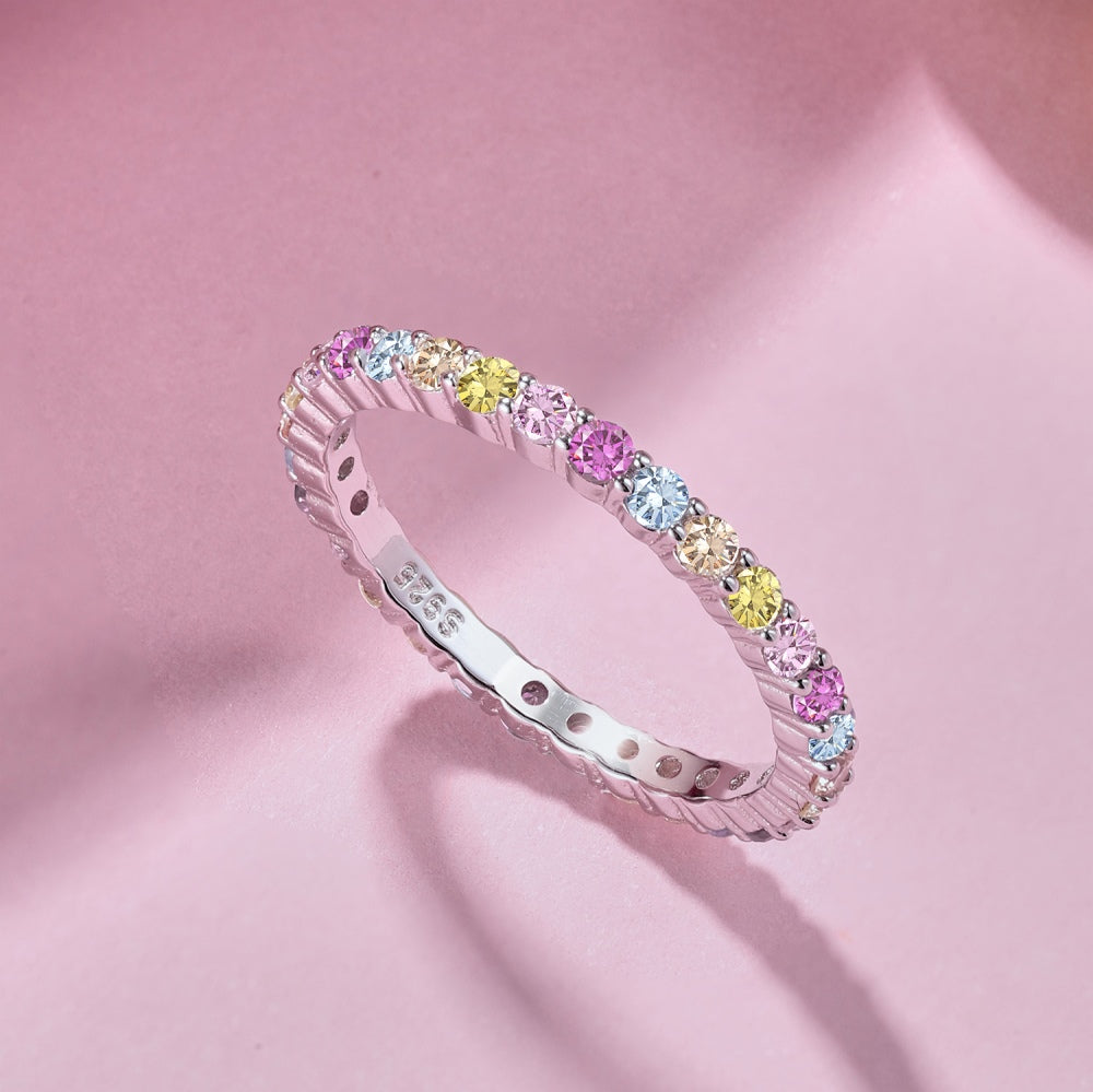 Women's Multicolor Round Zirconia Paved Stackable Narrow Band Ladies Ring, S925 with White Gold Plating