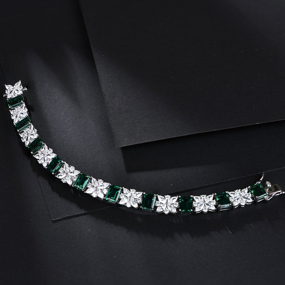 Women's Sterling Silver Emerald Gem Retro Tennis Bracelet with Iris Stones