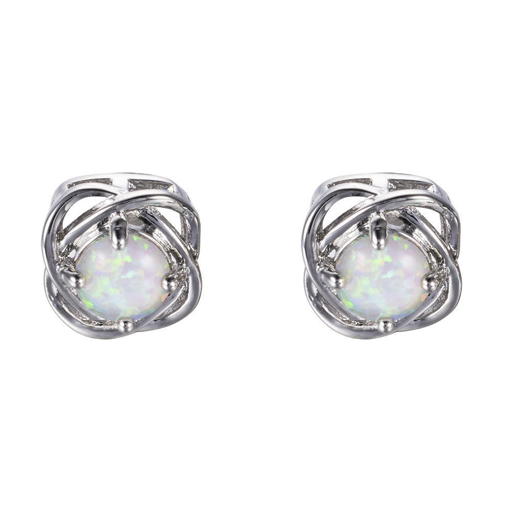 Women's Four‑Prong Blue Round Opal Braided Frame Stud Earrings