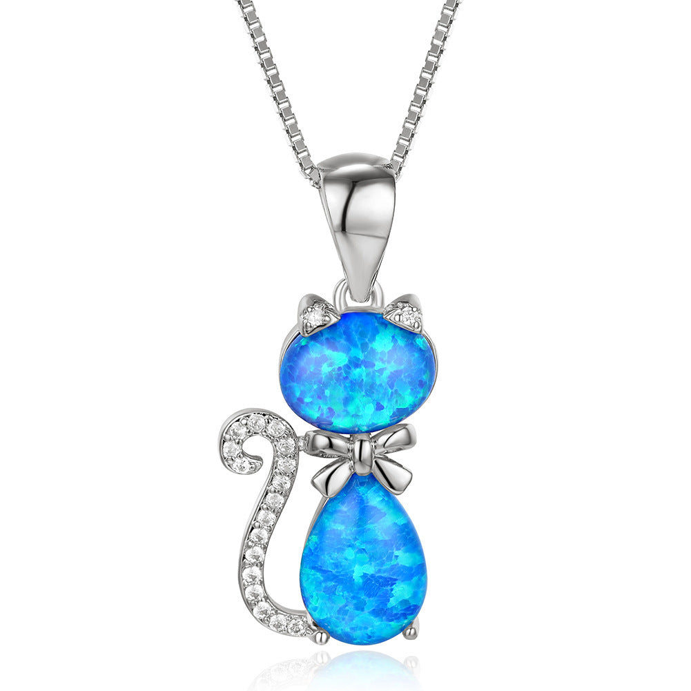 Women's Cat Bow Blue & White Opal with Zirconia Pendant Necklace, Rose Gold / White Gold Plating