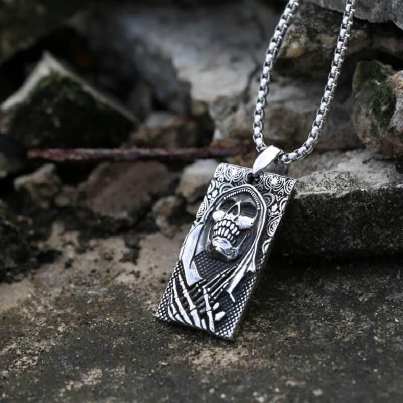 Men's Retro Death God Skull Square Pendant Necklace
