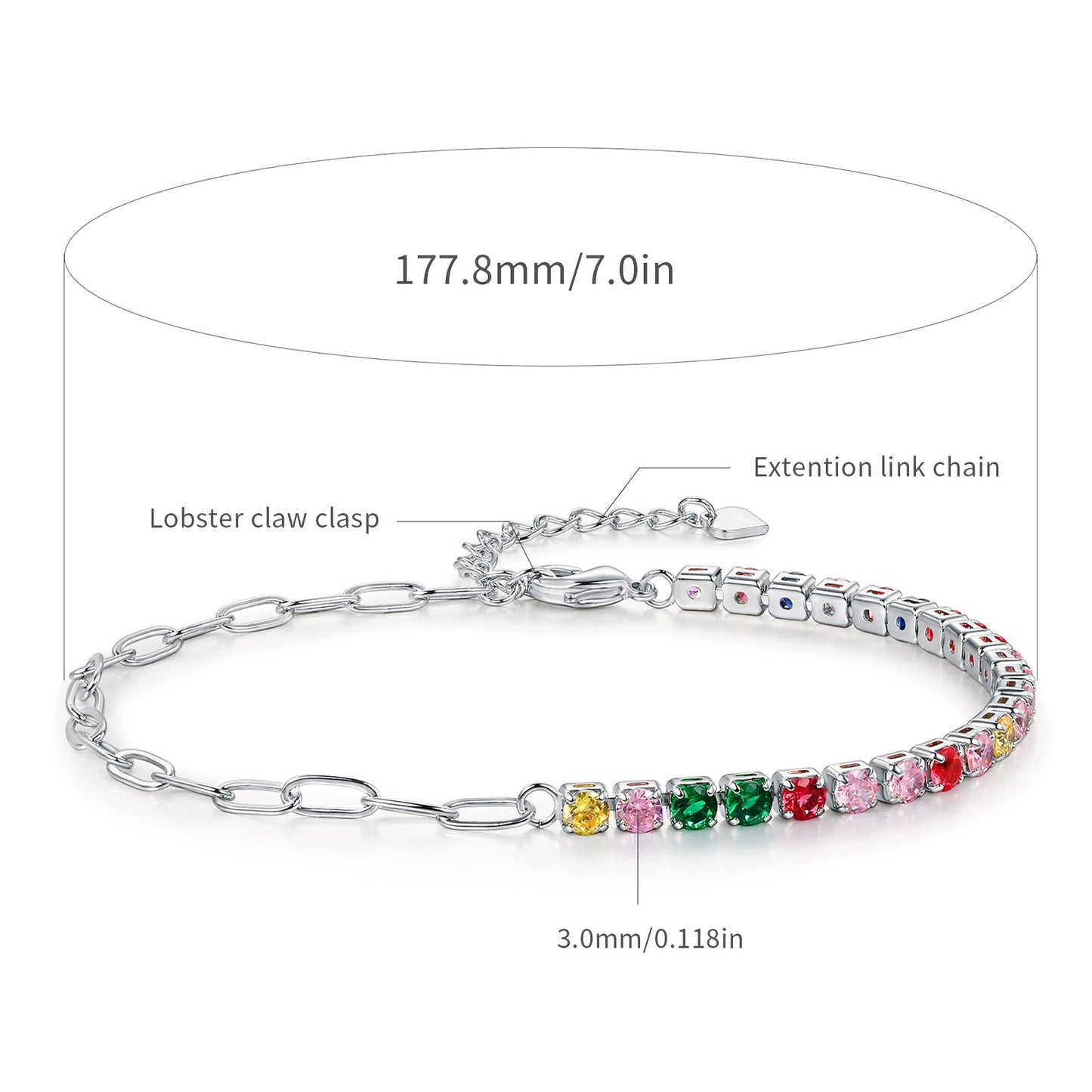 Women&Men's Square-Shaped Colorful Adjustable Lobster Claw Clasp Zircon Cuban Tennis Bracelet