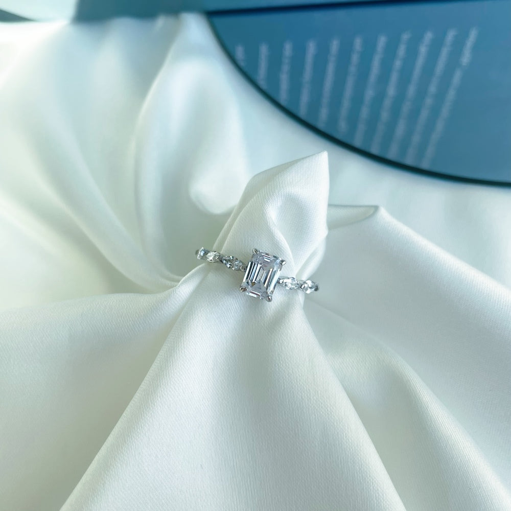 Women's Square Zirconia Narrow Band Wedding Ring, S925 with White Gold Plating
