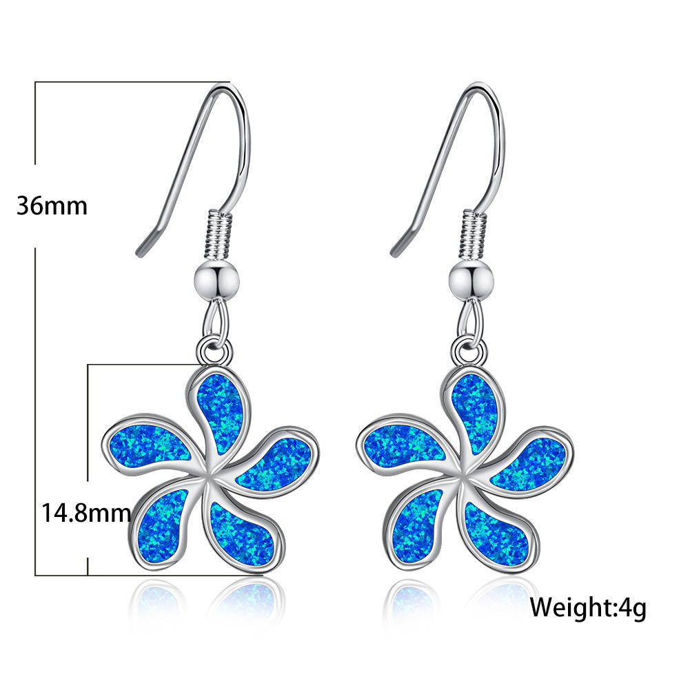 Women's Five‑Petal Flower Blue Opal Fish Hook Dangle Earrings, with White Gold Plating