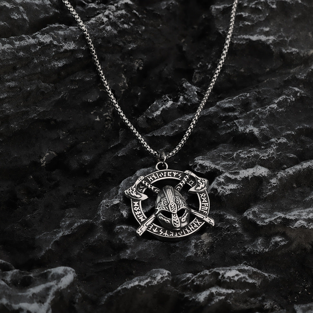Vintage Stainless Steel Viking Helmet Rune Axe Round Pendant Necklace for Men