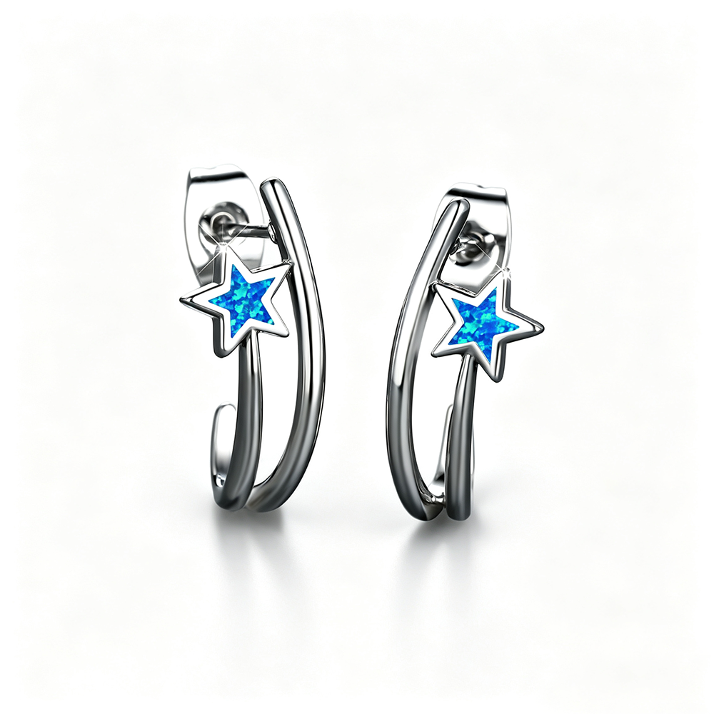 Women's Double‑Hoop C‑Shape Star Opal Hoop Earrings, with White Gold Plating / Rose Gold Plating
