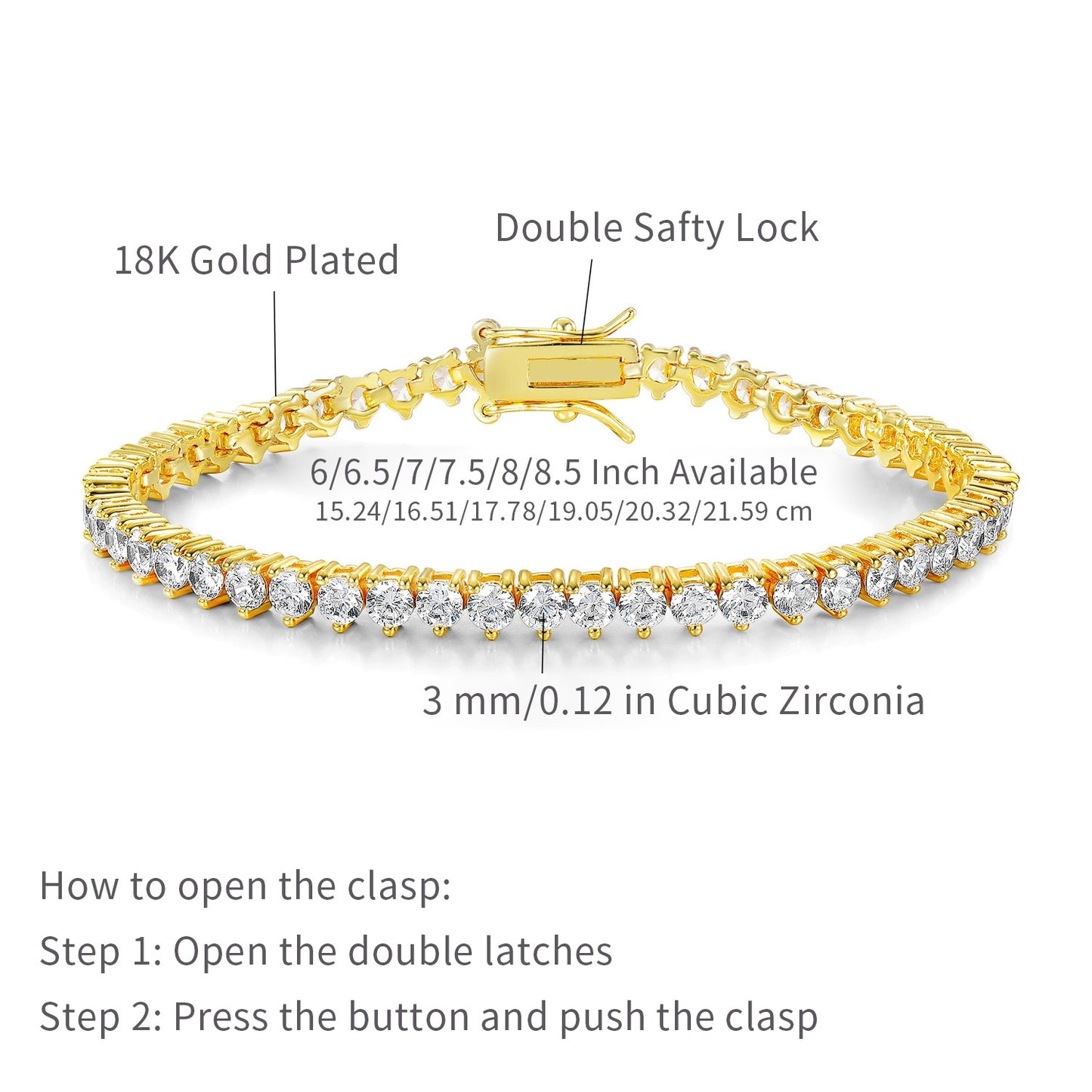 Women&Men's 3-Claw 3-4mm Eight-Shaped Buckle Zircon Tennis Bracelet