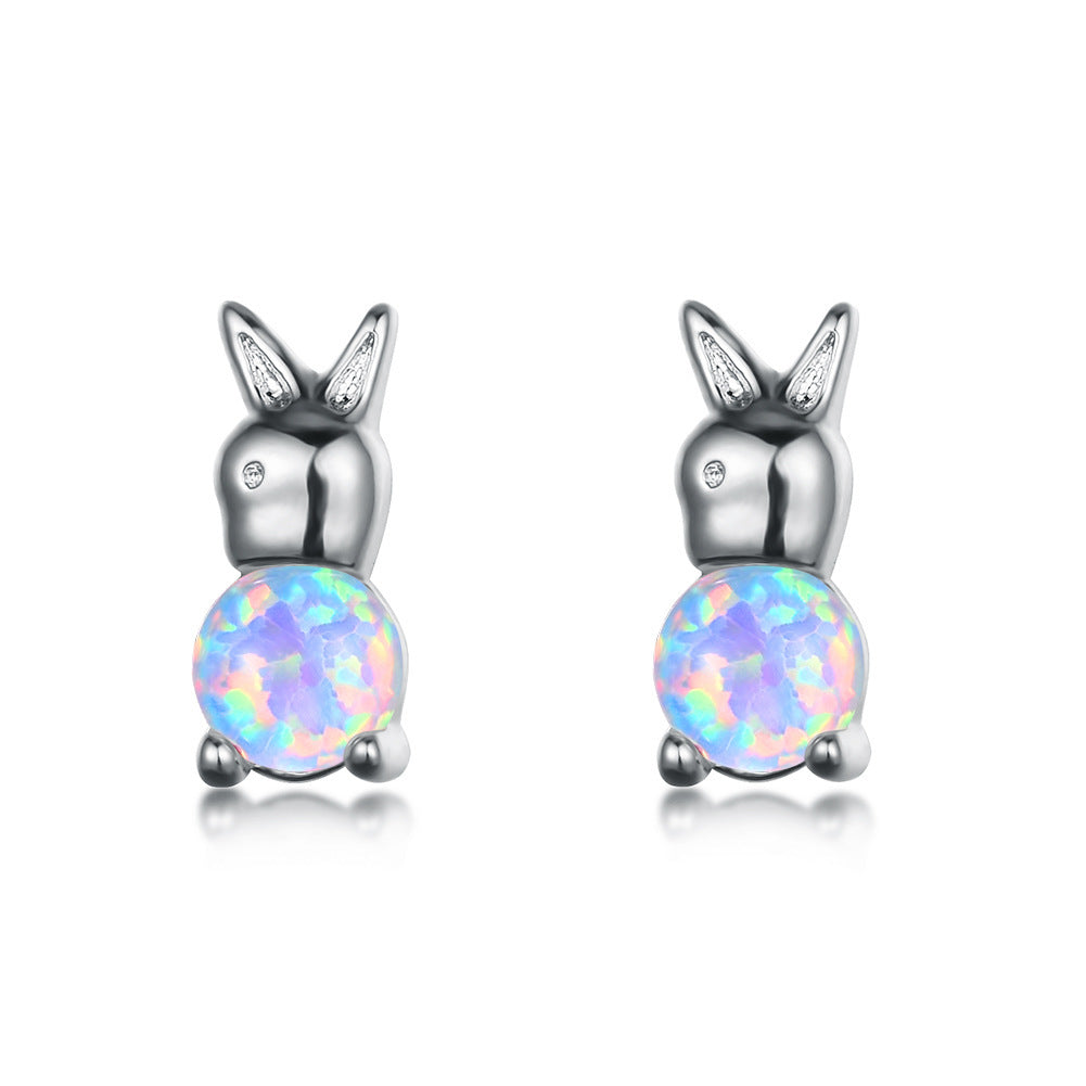 Women's Rabbit‑Shape Stud Earrings, Blue Opal / White Opal Inlay
