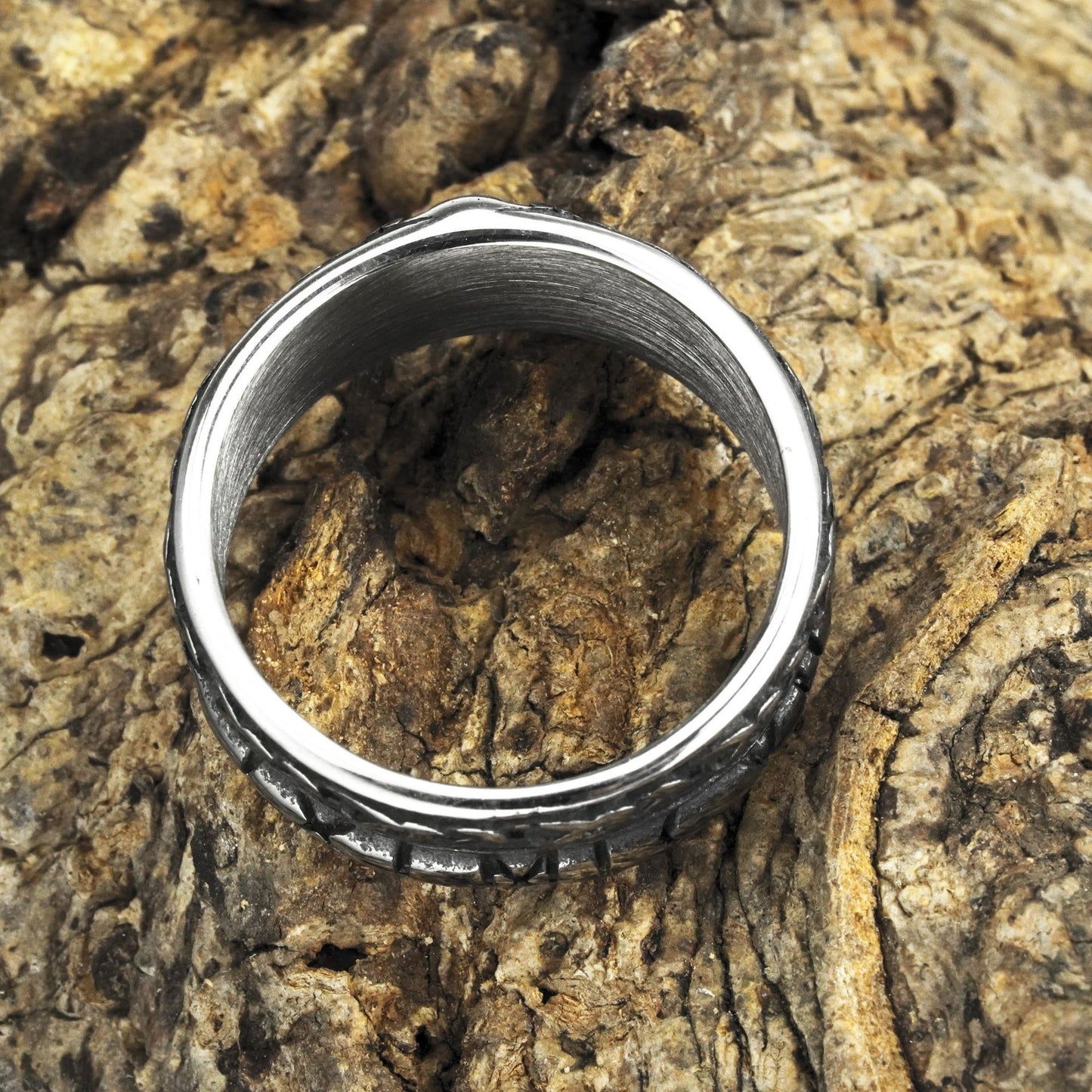 Vintage Solid Stainless Steel Norse Viking Helm of Awe Rune Carved Wide Band Ring for Men