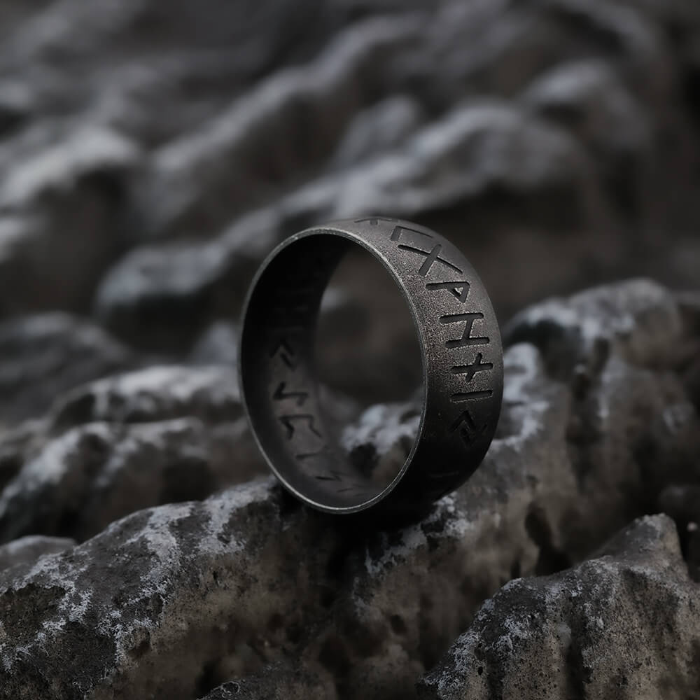 Vintage Nordic Stainless Steel Inner & Outer Engraved Viking Rune Band Ring for Men
