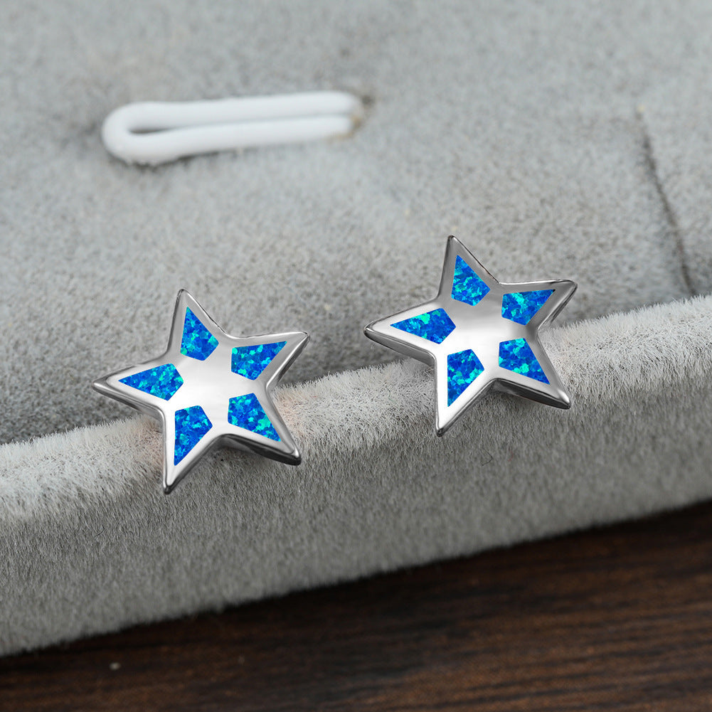 Women's Star‑Shape Hollow Blue / White Opal Stud Earrings, with White Gold Plating / Rose Gold Plating