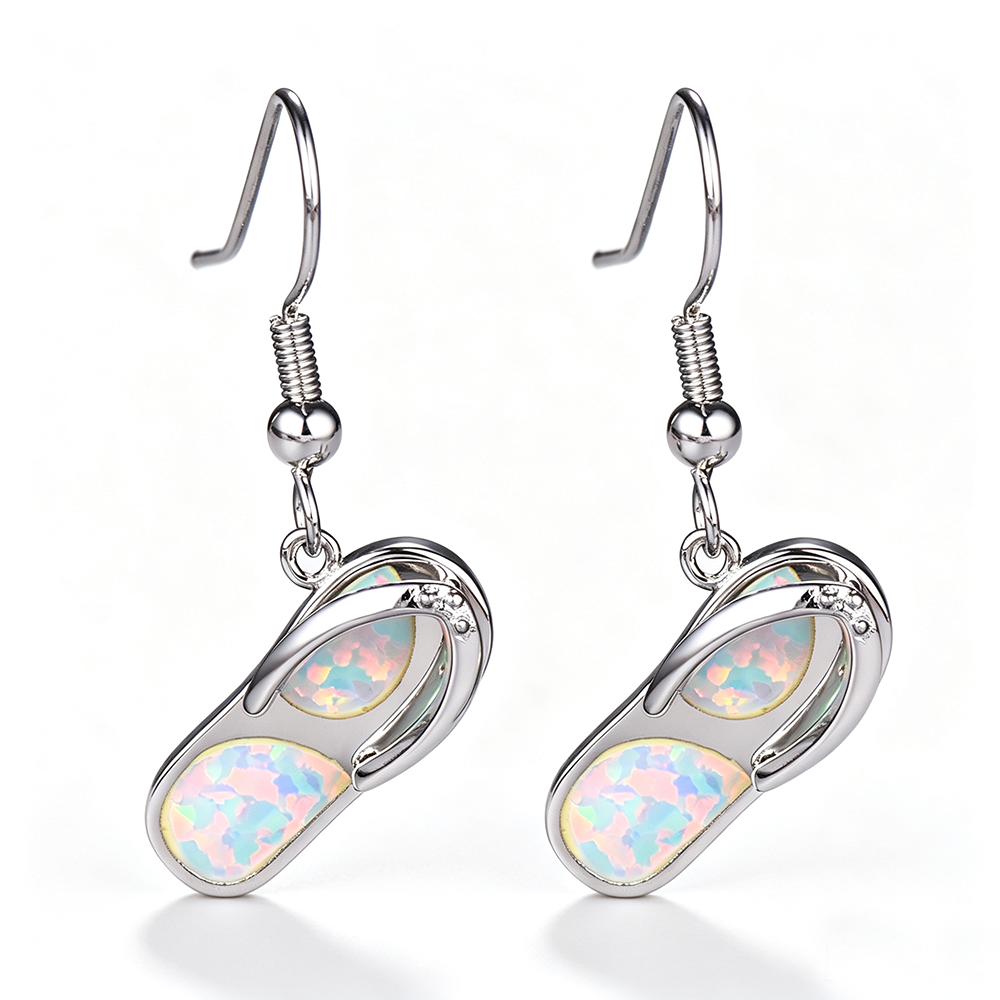Women's Flip‑Flop Shape Opal Dangle Earrings, Blue Opal / White Opal