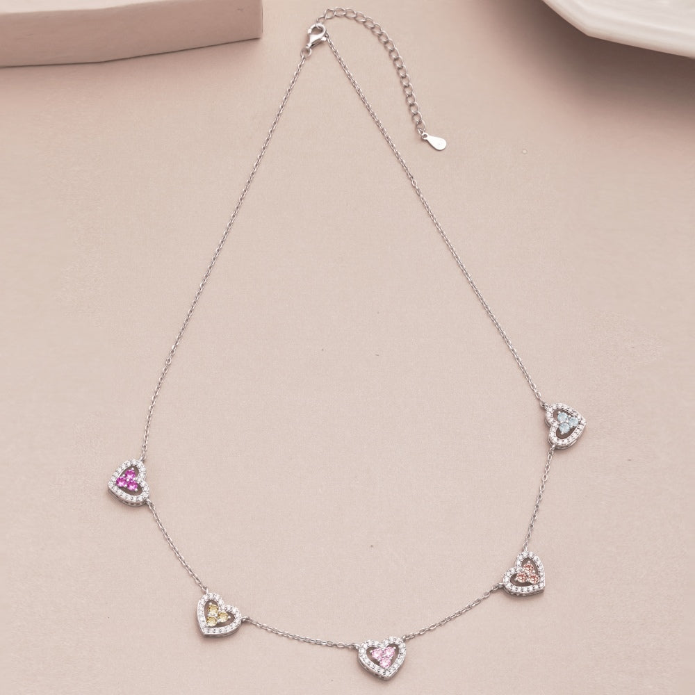 Women's Multi‑Pendant Necklace, Hollow Heart Design Inlaid Multicolor Sapphire, S925 with White Gold Plating