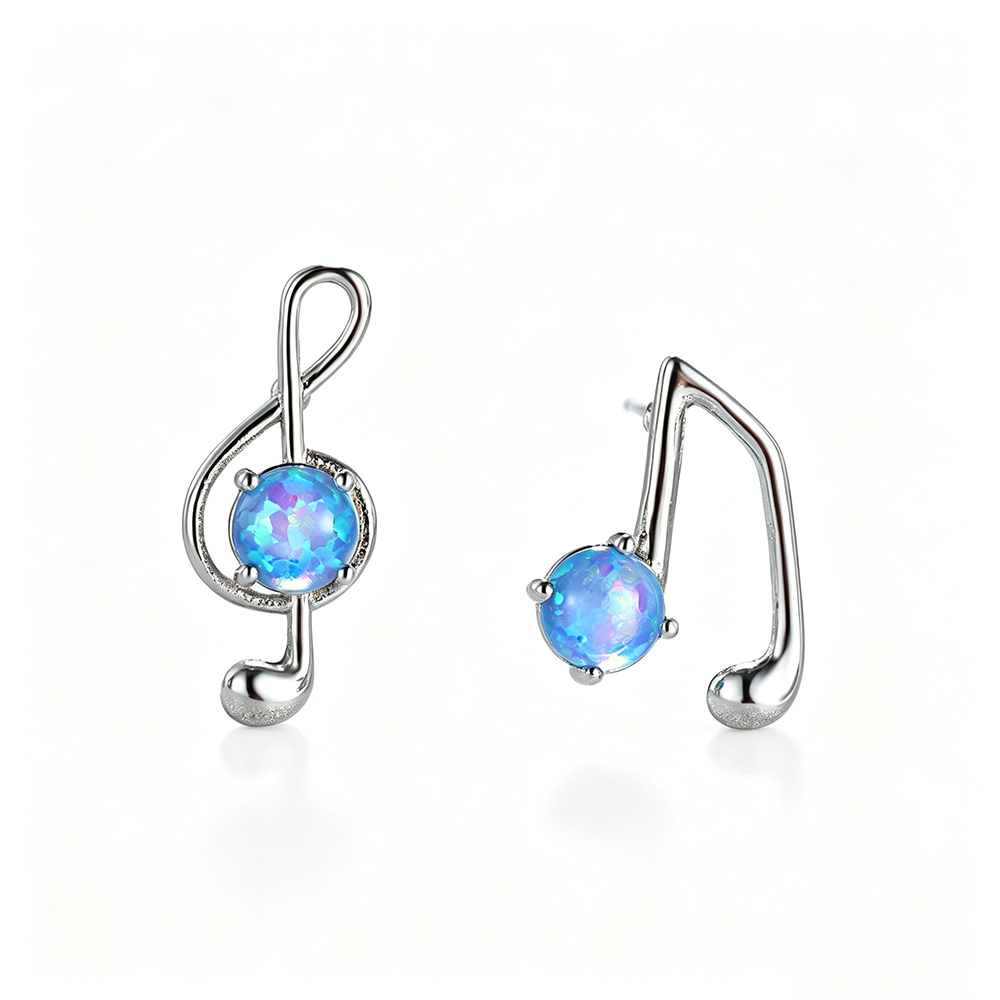 Women's Asymmetrical Music Note Round Opal Stud Earrings, Blue Opal & White Opal