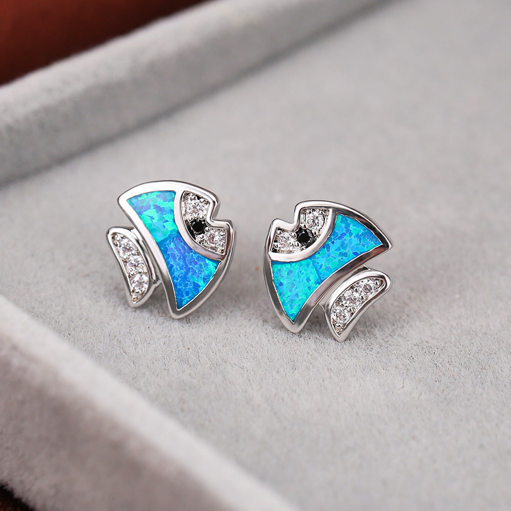 Women's Tropical‑Fish Shape Stud Earrings, Inlaid Zirconia, Blue Opal / White Opal