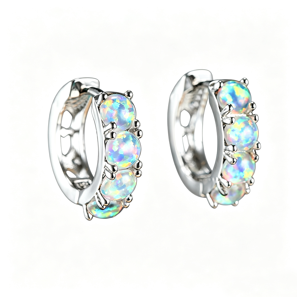 Women's C Shape Hoop Inlaid Round Blue & White Opal Huggie Earrings, White Gold Plating