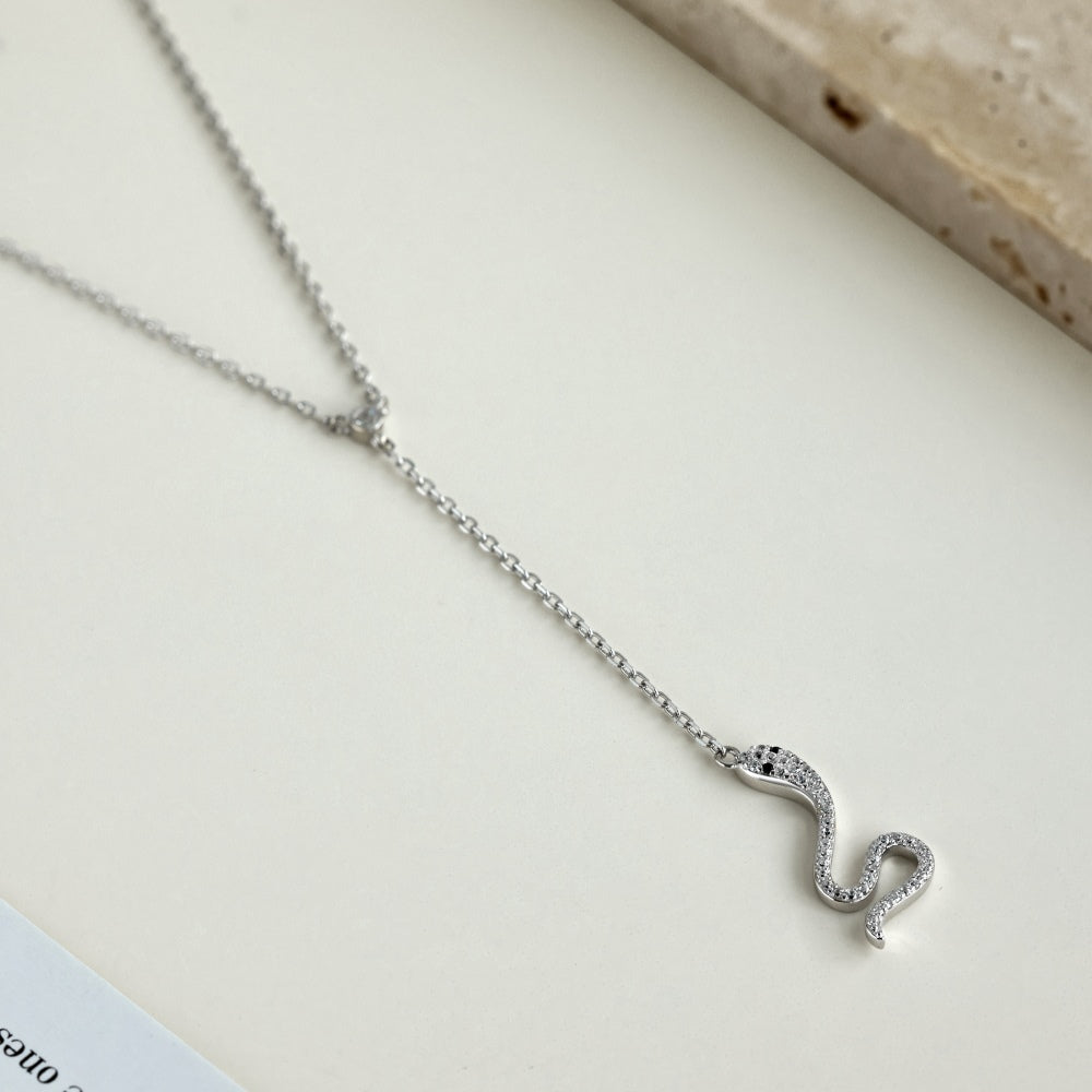 Women's Unique Snake Pendant Necklace, Round Zirconia Inlay, S925 with White Gold Plating